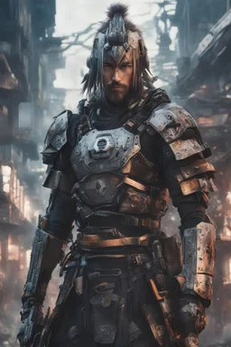 Portrait of Anime depiction of a cybernetic samurai in a post-apocalyptic setting, focusing on the intricacies of the armor and weaponry, 8k realistic