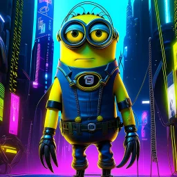 "Generate an edgy and inventive artwork reimagining the 'Minions' from 'Despicable Me' as tech-savvy hackers. Infuse them with a cyberpunk aesthetic, outfitting them with futuristic attire and high-tech gadgets. Place them in a neon-lit, bustling metropolis filled with digital interfaces and holographic displays. Convey a sense of unity and purpose as they work together in this cybernetic world, showcasing their newfound proficiency in hacking and digital mischief." add a big Mennonite beard