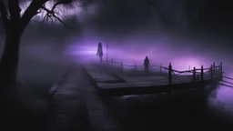 walking straight ahead over a wooden bridge, holding the angel of death with your right hand, entering the fog at the end of the road that leads to the afterlife, and a beautiful sunset and galaxy's behind the fog, realistic