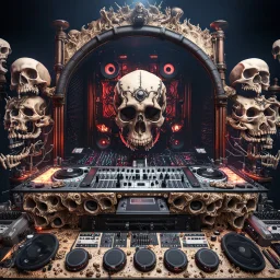 DJ of the damnded, insanely detailed DJ booth in hell, MID set, speakers and equipment made of bone, anatomically correct, add more skulls in th audience, photorealism, vray, 8k 3d https://stablecog.com/generate?o=a67b60e0-edd2-418d-9744-d1d585055d7fv https://stablecog.com/generate?o=93026b00-ac6b-436a-bc57-6aa04073d4a9