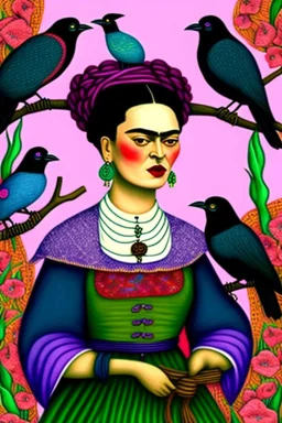 Friendly Frida Kahlo as a witch, playing with crows, perfect iris, pastel colours, style Beatrix Potter