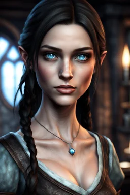 A young female imperial barmaid from Skyrim with light blue eyes, brunette, melancholic, wholesome, sad