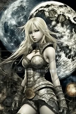 Explosive abstract collage style image of a beautiful anime warrior girl, beautiful blond hair and features, dramatic, pieces of cloth material, textured moon in background, bob wire, gothic surroundings, textures