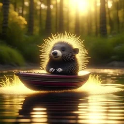 cute blessed freedom statue porcupine speeding in a rubber boat in the river,catching a big fish in a river stream, 8k, downlight, soft light, depth of field, photorealism, trending on art station, lotsa detail