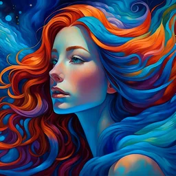 A captivating and surreal portrait of a young woman with rich, multi-colored hair cascading down her shoulders. Her vibrant locks, remini scent of an aurora borealis, are a dazzling blend of blues, oranges, and purples. Her eyes, a striking shade of blue, gaze intently at the viewer, while freckles decorate her cheeks like sprinkles on a delicious treat. The highly detailed and intricately shaded artwork exudes a cinematic quality, with rich colors and blended hues that transport the viewer to