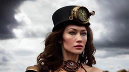 whole body portrait of Olga Kurylenko as a steampunk character in a steampunk setting, HD 4K, sharp detail, photo-realistic accurate face and features, cinematic lighting, award winning photography