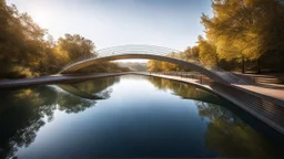 A breathtaking pedestrian bridge with a double helix design, curving elegantly over a calm river. The entire structure is made of transparent glass, giving the illusion that the bridge is floating above the water. The twisted helical shape reflects the sunlight, casting intricate shadows on the river’s surface. Award-winning photograph.