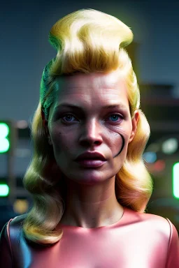 Ultra Realistic retro sci-fi, Supermarket parking scene, 1960 year, blonde woman, sweet young Kate moss face, x ray lights eyes, face makeup, tight latex coat, levitating cars, many panic people, Retro sci-fi style, soft color, highly detailed, unreal engine 5, ray tracing, RTX, lumen lighting, ultra detail, volumetric lighting, 3d, finely drawn, high definition, high resolution.