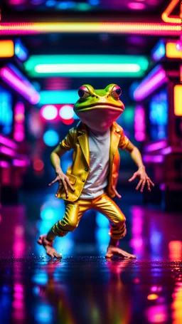 sexy stunt funky punk hippy hairy white skinned frog pimp tap dancer fashion gremlin in the middle of crazy dance moves dancing on buss parked in dark neon lit reflective wet arcade hall tunnel,bokeh like f/0.8, tilt-shift lens 8k, high detail, smooth render, down-light, unreal engine, prize winning