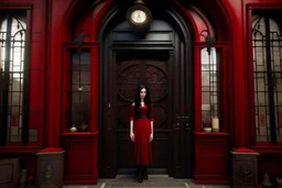Photorealistic image of a slender, young woman with dark hair, in a witchy, black dress, no hat, leaning back against a shop door with red-painted, large, multi-paned windows on either side of a red-painted multi-paned door. Walls made of brick. The shop is selling magic gifts and trinkets. Large sign over the door.