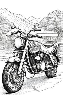 b/w outline art coloring book page, coloring pages, old motorcycle , white background, Sketch style (((((white background))))), only use outline, cartoon style, line art, coloring book, clean line art, Sketch style, line-art