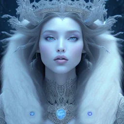 portrait of the most gorgeous, stunning, beautiful ice goddess with large wolf, intricate crystal ice crown, large wolf, 8k resolution, high-quality, fine-detail, ornate, digital art, detailed matte, volumetric lighting, brian froud, howard lyon, selina french, annie stokes, lisa parker, greg rutowski,