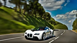 A sleek white shiny (((BMW Veyron))), its contours and details perfectly captured in a (((cinematic view))), zipping along a winding road under a beautiful blue sky