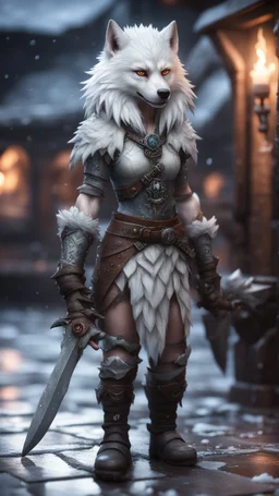 white wolfs mane, full figure with metallic stone gauntlets holding dark jagged dagger, standing on frozen wet tiled floor outside fantasy tavern, focused female brownie vampire gnome from worms armageddon wearing makeup, bokeh like f/0.8, tilt-shift lens 8k, high detail, smooth render, down-light, unreal engine, prize winning