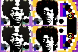 A digital collage mosaic of Jimi Hendrix, combining different stages of his life and career. The mosaic features scenes from his early life, iconic performances, and creative process. Early life is represented in black and white photography style, iconic performances in psychedelic art, and the creative process in surrealism. These different art styles blend together to form a cohesive mosaic image of Jimi Hendrix’s face, symbolizing the integration of his life experiences into his identity as a