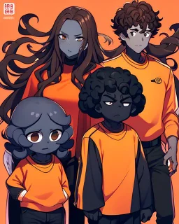 Anime manga style, Black skin boy, with dark brown curly hair, wearing red and orange clothes and black jeans, always with one hand in his pocket, looking a little irritated