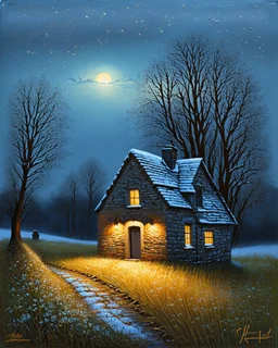 lone old stone cottage with lights on, by Frozen apocalypse " a patchwork art by Jamie heiden, peter doig, Renoir, pol Ledent, endre penovac, Gustave Loiseau, Arthur Rackham, Doug Chinnery, Maud Lewis. inlay, watercolors and ink, beautiful, fantastic view, extremely detailed, intricate, best quality, highest definition, rich colours. intricate beautiful dynamic lighting award winning fantastic view ultra detailed 4K 3D high definition hdr elegant intricate beautiful award winning fantastic view