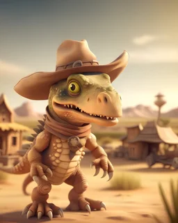 an adorable and fluffy baby dinosaur, cowboy, bandana over mouth, western, desert, with a western village and saloon, sandstorm, old revolver, bright sky, with blur background, high quality, 8k