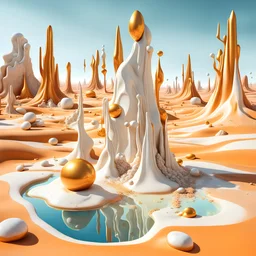 Bright, glittering, 3d, marble-like, surreal objects in a bright environment, desert, noon light, melting cream, Yves Tanguy style