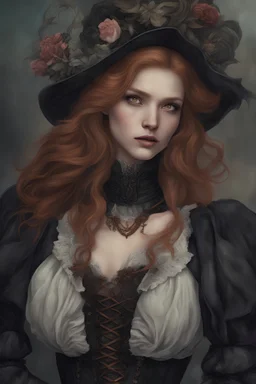 Alexandra "Sasha" Aleksejevna Luss render eye candy style Artgerm Tim Burton, subject is a beautiful long ginger hair vampire with fangs biting a female's neck, romantic, close faces, bite, feed, victorian dress, victorian background style of in the Paris, 70mm, high detail, hyper detailed, photographic detail, UHD, unreal engine 5, headshot render, octane render, bokeh,