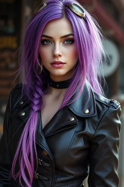 Ultra realistic photo of a steampunk woman ,, wearing leather jacket, long purple and pink hair, , 8k, highest quality,