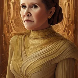 hyperspace background, complete and photo realistic detailed head to waist stunning photo realistic portrait of carrie fisher as Princess Leia in star wars with photo realistic updo hair by Mandy Jurgens and mucha and Richard Schmid and chuck close and chie yoshii, extraordinary and detailed ceremony dress of star wars,brown eyes