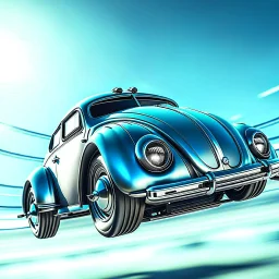 a high definition screen shot of a jet-fighter vw-beetle, retrofuturistic, phototrealism, in flight, one subject,