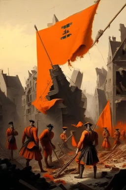 Dutch soldiers from the 1700s putting a orange flag in the middle of a destroyed city