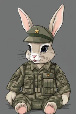 A pfp of a cute army bunny with army hat, camo shirt