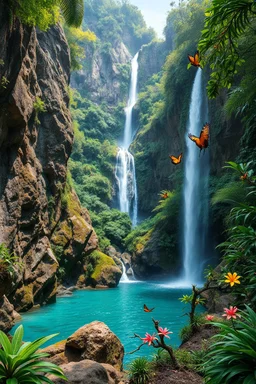 Ultra realistic landscape photo captured from the base of a majestic natural waterfall, crystal-clear water cascading over rugged rock cliffs into a pristine pool, viewpoint from beneath the waterfall looking out across a breathtaking tropical valley, lush exotic rainforest vegetation, diverse realistic tropical flora, colorful tropical birds perched on branches, butterflies flying naturally through the scene, dense jungle surrounding the area, soft morning sunlight filtering through the canopy,