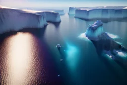 Extreme long shot, Birds Eye view, iceberg skyline, smooth, god rays, unreal engine 5, ray tracing, RTX, lumen lighting, ultra detail, volumetric lighting