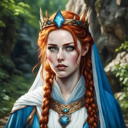 dungeons & dragons; portrait; female; teenager; pale skin; ginger hair; braided crown; blue eyes; cleric; flowing robes; veil; circlet; nature; traveling