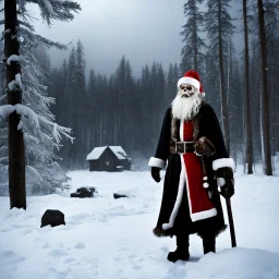 In the style of "Rare Exports: A Christmas Tale," [Finland 2010] we find ourselves in the icy wilderness of Finland, where the cold winds howl through the snow-covered landscape. The skeleton Santa Claus stands tall and eerie, a figure of dread rather than joy, as he navigates the crypt filled with undead carolers, haunted gifts, and a ghostly Christmas tree.