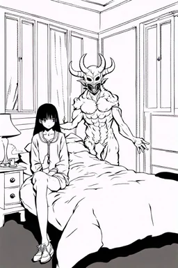 girl with demon mask in bedroom, line arts, manga style