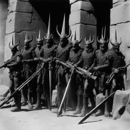 [high res bloody photo by Ray Harryhausen] In the shadowed depths of the ancient demonic citadel, a rack of devil firearms stood ominously, their twisted forms exuding a malevolent aura. Each weapon bore the mark of a specific soul of the underworld, crafted from dark metals forged in the fires of the abyss.