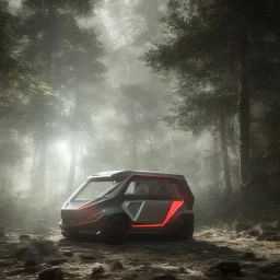 Electric recreational vehicle, autonomous concept vehicle, in the forest