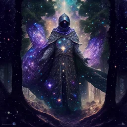 The Muslim commander in a battle dress made of galaxies and stars with a glove that has seven endless stones with a powerful army behind him A forest with dense trees in space between galaxies