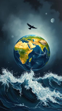 planet Earth floating in the high waves of storm in the ocean above it a black crows hovering in an oil rough painting style