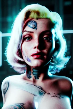 Ultra Realistic image, portrait, blonde woman, sweet Marylin Monroe face, perfect iris, glow eyes, glow makeup. Cyborg, Cyberpunk style, oversized transparent latex coat, yakuza tattoos body. fog, rain, soft color, highly detailed, unreal engine 5, ray tracing, RTX, lumen lighting, ultra detail, volumetric lighting, 3d, finely drawn, high definition, high resolution.