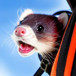 close-up of a ferret wearing jumpsuit with parachute, jumping out of a plane, skydive, sunlit sky, intricate, ultra-fine detailed, 8k, high-quality, 3d, realistic, digital art, detailed matte, brian froud, howard lyon, selina french, anna dittmann, annie stokes, lisa parker, greg rutowski,