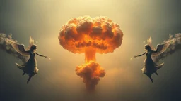 a nuclear explosion cloud(middle), the wind and smoke from the explosion forming shapes of dancing women with small angel wings(left and right sides), religiose art