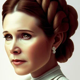 extremely detailed 8k hyperspace wallpaper,complete and photo realistic detailed head to waist stunning photo realistic portrait of carrie fisher as Princess Leia in star wars with photo realistic fine, simple and symetric hair, brown eyes, professional majestic photo realistic painting by Ed Blinkey, Atey Ghailan, by Jeremy Mann, Greg Manchess, Antonio Moro, trending on ArtStation, Intricate, High Detail, Sharp focus, dramatic, by greg rutkowski,