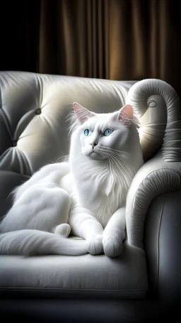 White cat, sitting on a sofa hdr