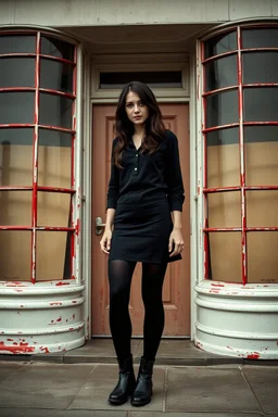 Photorealistic image of a young woman with dark hair, in a black skirt, leggings, boots and shirt, standing outside an old shop front with large red painted multi-paned picture windows on either side of a multi-paned doorway.
