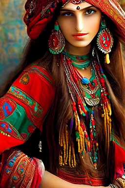 bohemian gorgeous gypsy woman in traditional gypsy dress