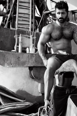 photography of An iranian offshore worker, shirtless, wearing bulging heavy-duty work pants and sturdy boots, sitting under the scorching sun on a merchant ship, man 66 years old, manly chest, muscular chubby , tattoo, curly beard, dirty, serious, long hair, ugly, big thighs, bullneck, big shoulders, photo realistic, photographic, super detailed, hyper realistic, UHD, frontal view , ambient occlusion