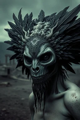 An surreal stunning image of a crepy ritualistic Feathered Mask-face mutant witd dark eyes, pale skin, on creature, with dark muted tones, a grim and weird atmosphere, textured impasto-like effect with ink, intricate details, surreal vibe, expressive focusing, muted tones, gradients, thriller and utopistic mood, in background barren landscape, ruins, dark shadows