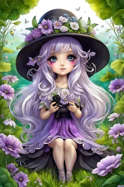 cute happy fairy girl with little wings and rounded ((purple eyes)), big long silver hair, sitting her nice hat a tiny black (kitty with green eyes) , chibi, 3d anime character, detailed, fantasy style, nice picture in the big meadow with pale colors flowers