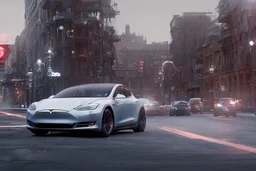 A Tesla 'Model Y' is drifting at high speeds, near the 'Pier 11' in Manhattan. (CINEMATIC, WIDE ANGLE LENS, PHOTO REAL)