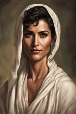 realistic arab woman, mid thirties, short hair, deep olive toned skin, in america